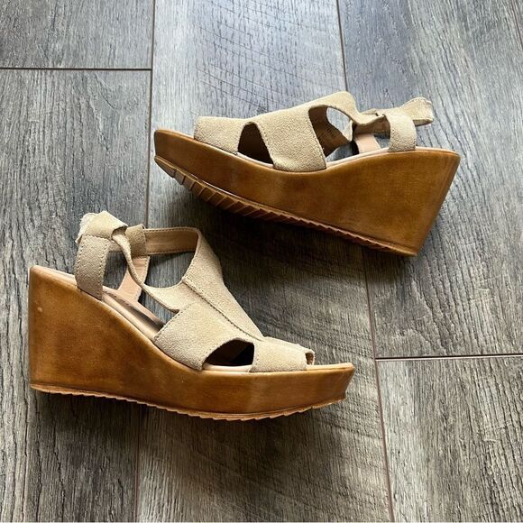 Anthropologie Barbara Barbieri Wedge Sandals Size 7.5 Italian Suede Taupe Shoes - Picture 5 of 10